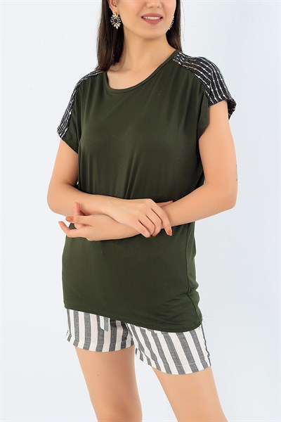 Haki Pul Payet İşlemeli Bayan Tişört 34991