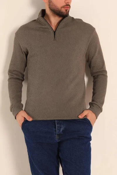 Haki Rahat Kalıp Örgü Dokulu Yarım Fermuar Sweatshirt 228822