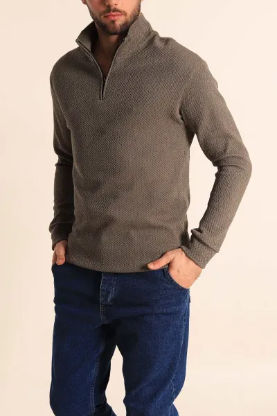 Haki Rahat Kalıp Örgü Dokulu Yarım Fermuar Sweatshirt 228822