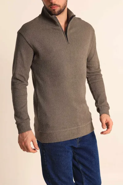 Haki Rahat Kalıp Örgü Dokulu Yarım Fermuar Sweatshirt 228822