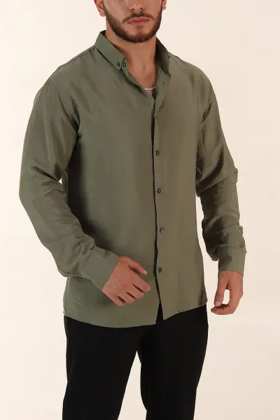Haki Regular Fit Ata Yaka Basic Uzun Kollu Erkek Gömlek 370029