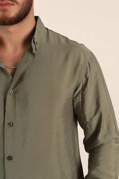 Haki Regular Fit Ata Yaka Basic Uzun Kollu Erkek Gömlek 370029