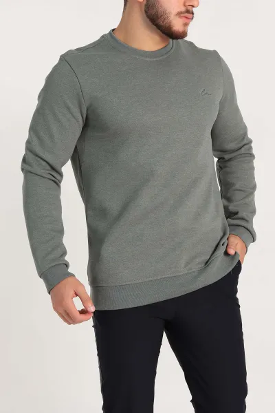 Haki Regular Fit İnterlok Kumaş Pike Doku Basic Erkek Sweatshirt 305426