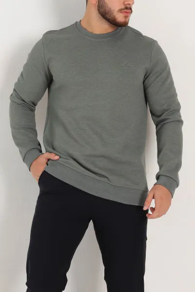 Haki Regular Fit İnterlok Kumaş Pike Doku Basic Erkek Sweatshirt 305426