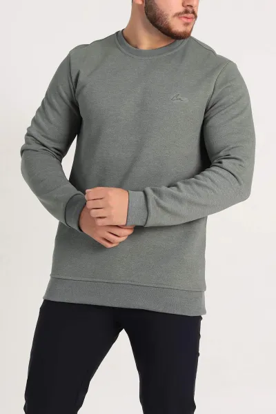 Haki Regular Fit İnterlok Kumaş Pike Doku Basic Erkek Sweatshirt 305426