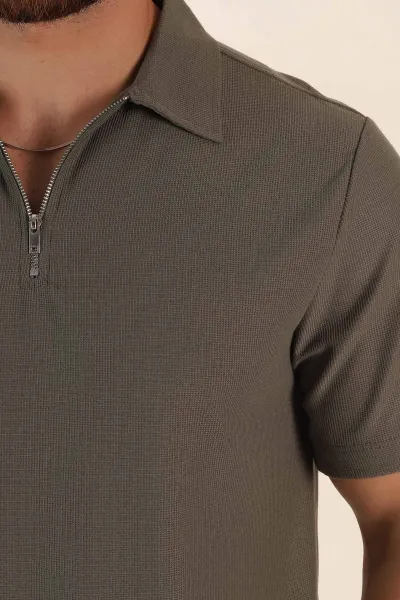 Haki Regular Fit Pike Dokulu Fermuarlı Polo Yaka Erkek Tişört 368529