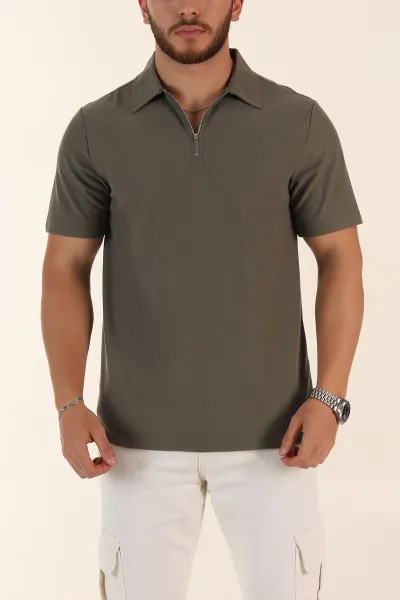 Haki Regular Fit Pike Dokulu Fermuarlı Polo Yaka Erkek Tişört 368529
