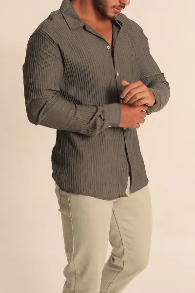 Haki Regular Fit Plise Dokulu Erkek Gömlek 285471