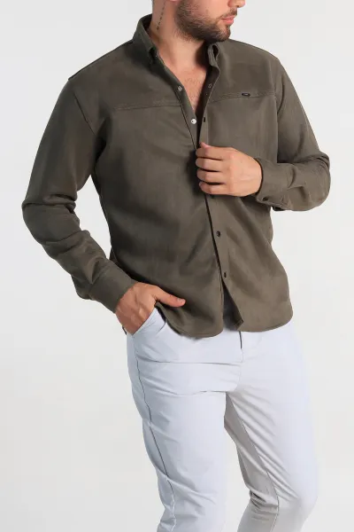 Haki Regular Fit Süet Çıt Çıt Düğmeli Erkek Gömlek 309298