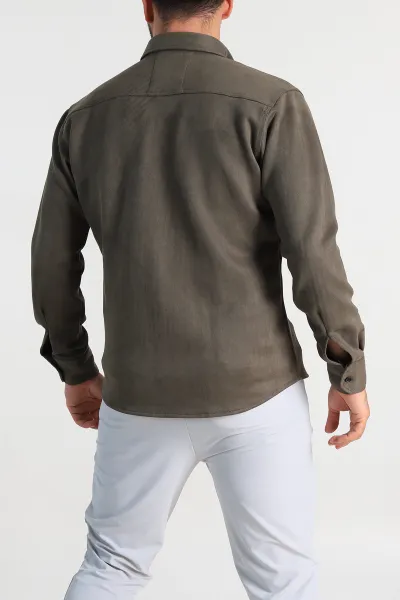 Haki Regular Fit Süet Çıt Çıt Düğmeli Erkek Gömlek 309298