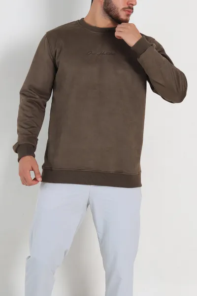 Haki Regular Fit Süet Kabartma Yazı Detaylı Erkek Sweatshirt 305856
