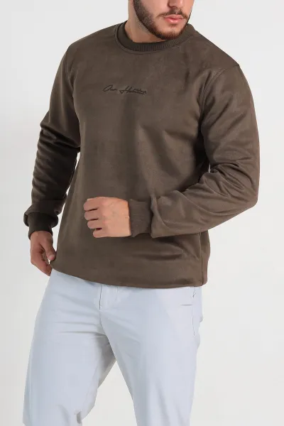 haki-regular-fit-suet-kabartma-yazi-detayli-erkek-sweatshirt-305856