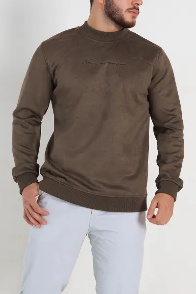 haki-regular-fit-suet-kabartma-yazi-detayli-erkek-sweatshirt-305897