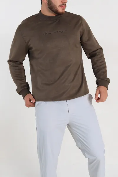 Haki Regular Fit Süet Kabartma Yazı Detaylı Erkek Sweatshirt 305897