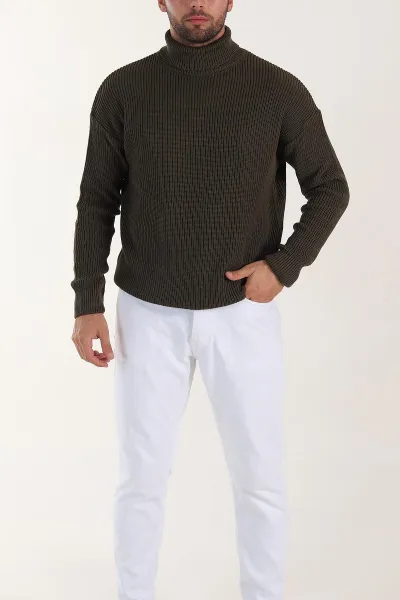 haki-relaxed-fit-balikci-yaka-erkek-triko-kazak-397754