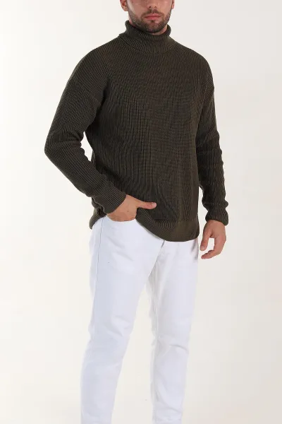 Haki Relaxed Fit Balıkçı Yaka Erkek Triko Kazak 397754