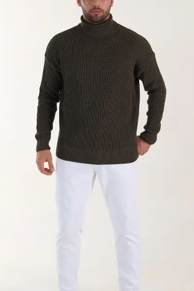 Haki Relaxed Fit Balıkçı Yaka Erkek Triko Kazak 397754