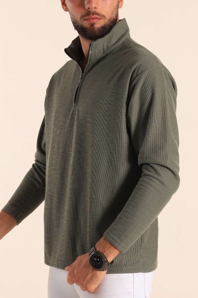Haki Relaxed Fit Balıkçı Yaka Fermuarlı Erkek Sweat 201318
