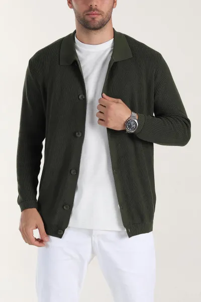 Haki Relaxed Fit Bambu Erkek Triko Hırka 400156