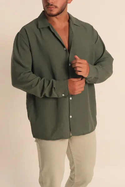 Haki Relaxed Fit Bambu Keten Apaş Yaka Erkek Gömlek 285486