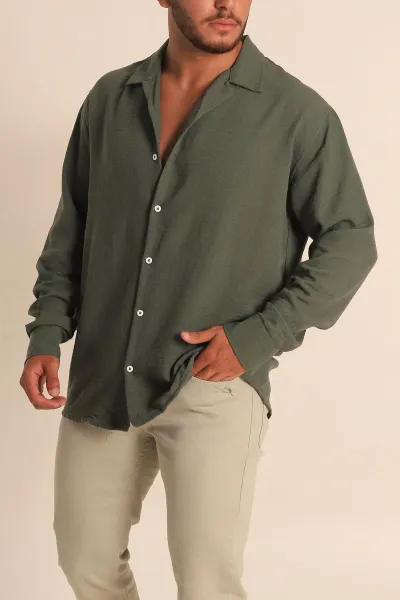 haki-relaxed-fit-bambu-keten-apas-yaka-erkek-gomlek-285486