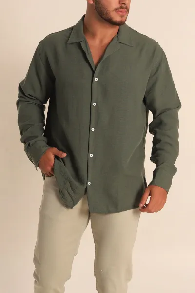 Haki Relaxed Fit Bambu Keten Apaş Yaka Erkek Gömlek 285486