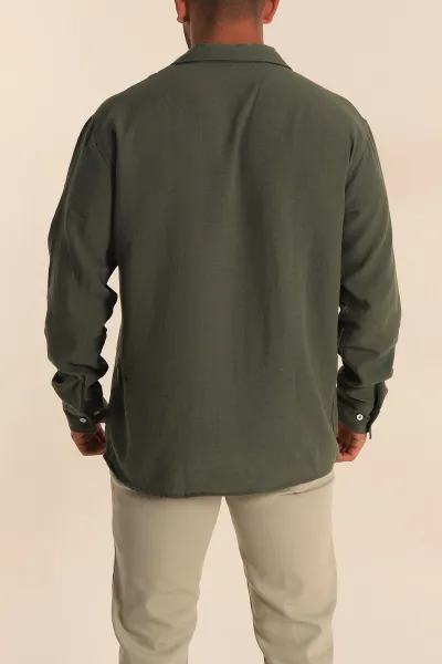 Haki Relaxed Fit Bambu Keten Apaş Yaka Erkek Gömlek 285486