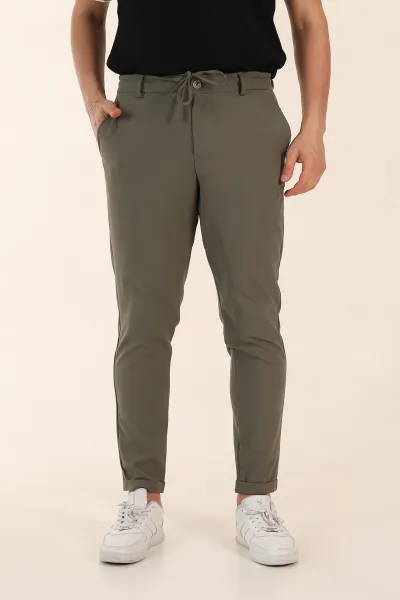 Haki Relaxed Fit Bel Bağlamalı Duble Paça Erkek Kumaş Pantolon 368384