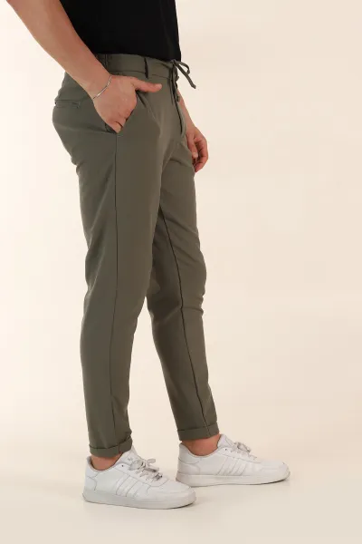 Haki Relaxed Fit Bel Bağlamalı Duble Paça Erkek Kumaş Pantolon 368384