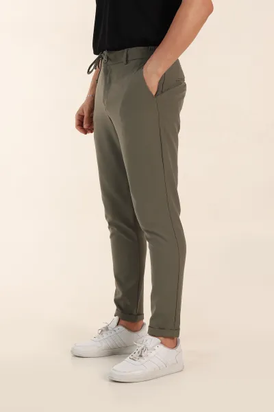 Haki Relaxed Fit Bel Bağlamalı Duble Paça Erkek Kumaş Pantolon 368384
