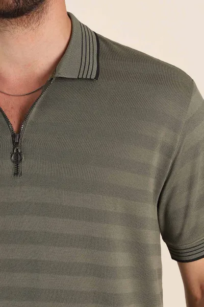 Haki Relaxed Fit Çizgi Dokulu Fermuarlı Polo Yaka Basic Erkek Tİşört 370232
