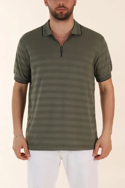 Haki Relaxed Fit Çizgi Dokulu Fermuarlı Polo Yaka Basic Erkek Tİşört 370232