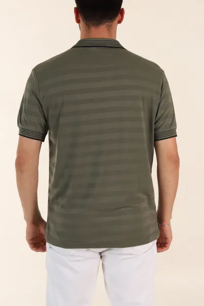 Haki Relaxed Fit Çizgi Dokulu Fermuarlı Polo Yaka Basic Erkek Tİşört 370232