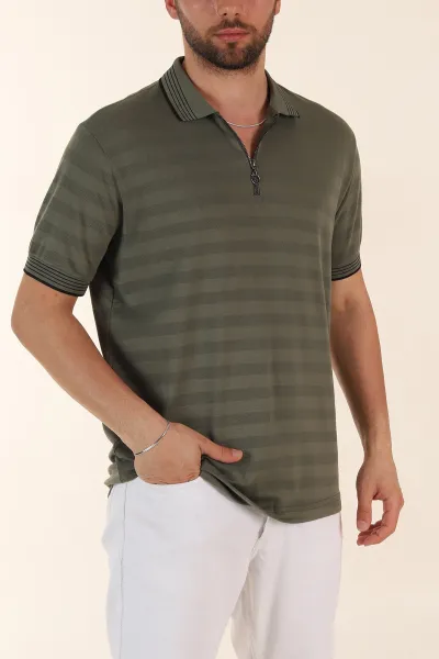 haki-relaxed-fit-cizgi-dokulu-fermuarli-polo-yaka-basic-erkek-tisort-370232
