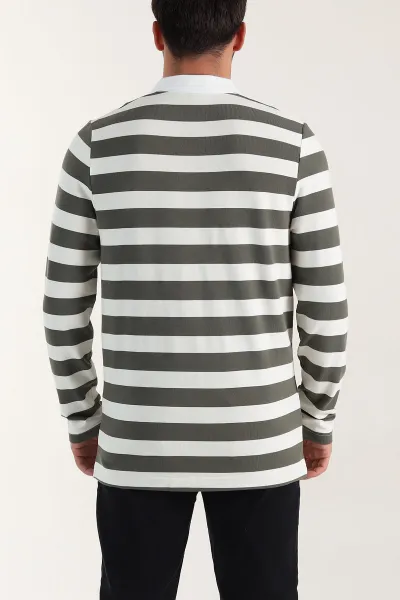 Haki Relaxed Fit Çizgili Jakarlı Kumaş Erkek Triko Sweatshirt 399590