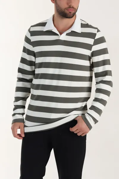 Haki Relaxed Fit Çizgili Jakarlı Kumaş Erkek Triko Sweatshirt 399590