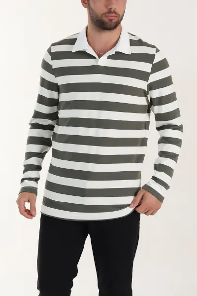 Haki Relaxed Fit Çizgili Jakarlı Kumaş Erkek Triko Sweatshirt 399590