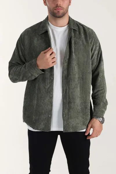haki-relaxed-fit-fitilli-kadife-erkek-gomlek-399964