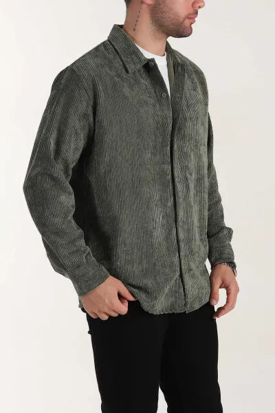 Haki Relaxed Fit Fitilli Kadife Erkek Gömlek 399964