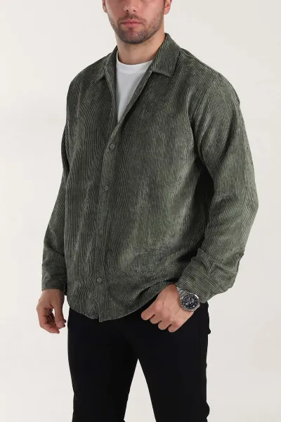 Haki Relaxed Fit Fitilli Kadife Erkek Gömlek 399964