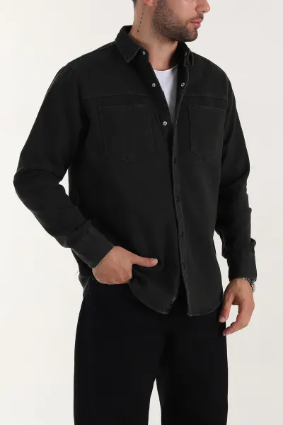 Haki Relaxed Fit Gabardin Çift Cepli Yıkamalı  Erkek Gömlek 397968