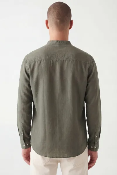 Haki Relaxed Fit Hakim Yaka Uzun Kollu Erkek Gömlek 445643