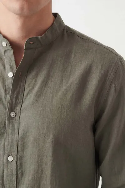 Haki Relaxed Fit Hakim Yaka Uzun Kollu Erkek Gömlek 445643