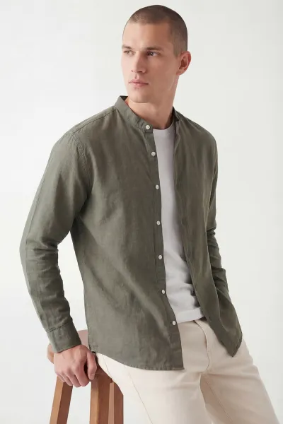 Haki Relaxed Fit Hakim Yaka Uzun Kollu Erkek Gömlek 445643