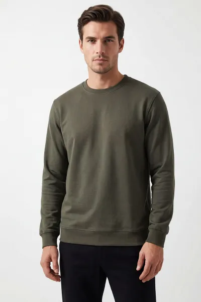 Haki Relaxed Fit İki İp Şardonsuz Basic Erkek Sweatshirt 424672