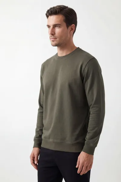 Haki Relaxed Fit İki İp Şardonsuz Basic Erkek Sweatshirt 424672