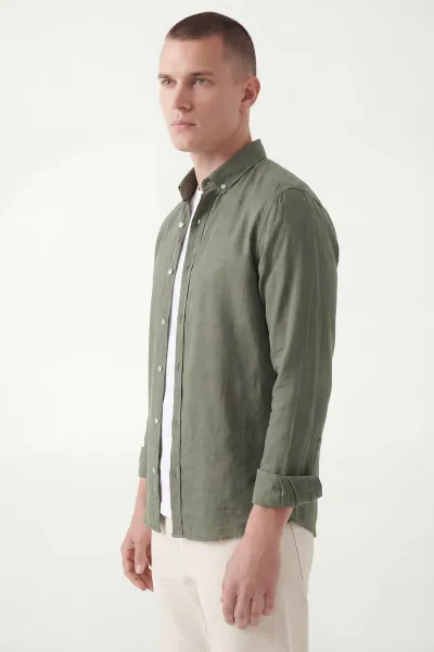 Haki Relaxed Fit Keten Ata Yaka Erkek Gömlek 435840