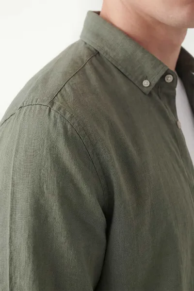 Haki Relaxed Fit Keten Ata Yaka Erkek Gömlek 435840