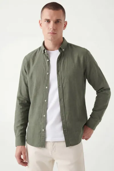 Haki Relaxed Fit Keten Ata Yaka Erkek Gömlek 435840