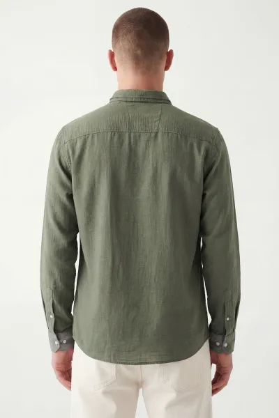 Haki Relaxed Fit Keten Ata Yaka Erkek Gömlek 435840